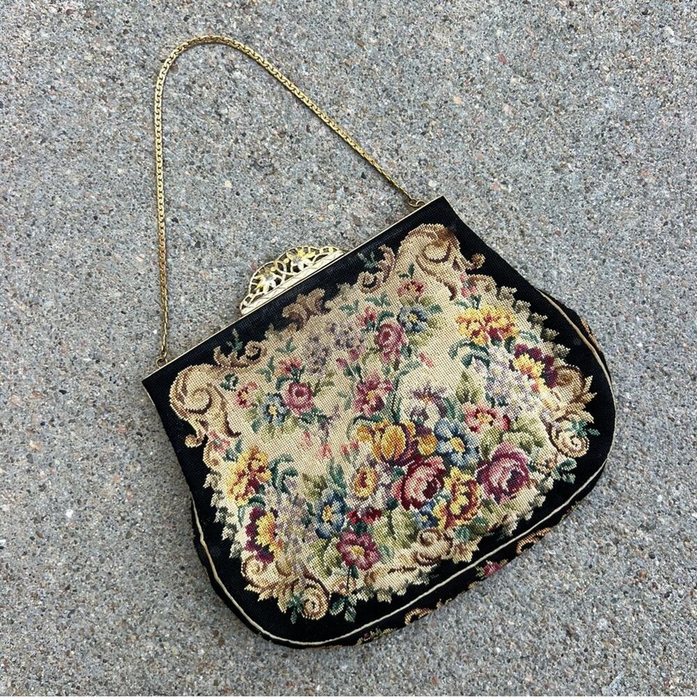 Vintage Jolles Austria Purse Petit Point Embroidered Floral 1930s Tapestry